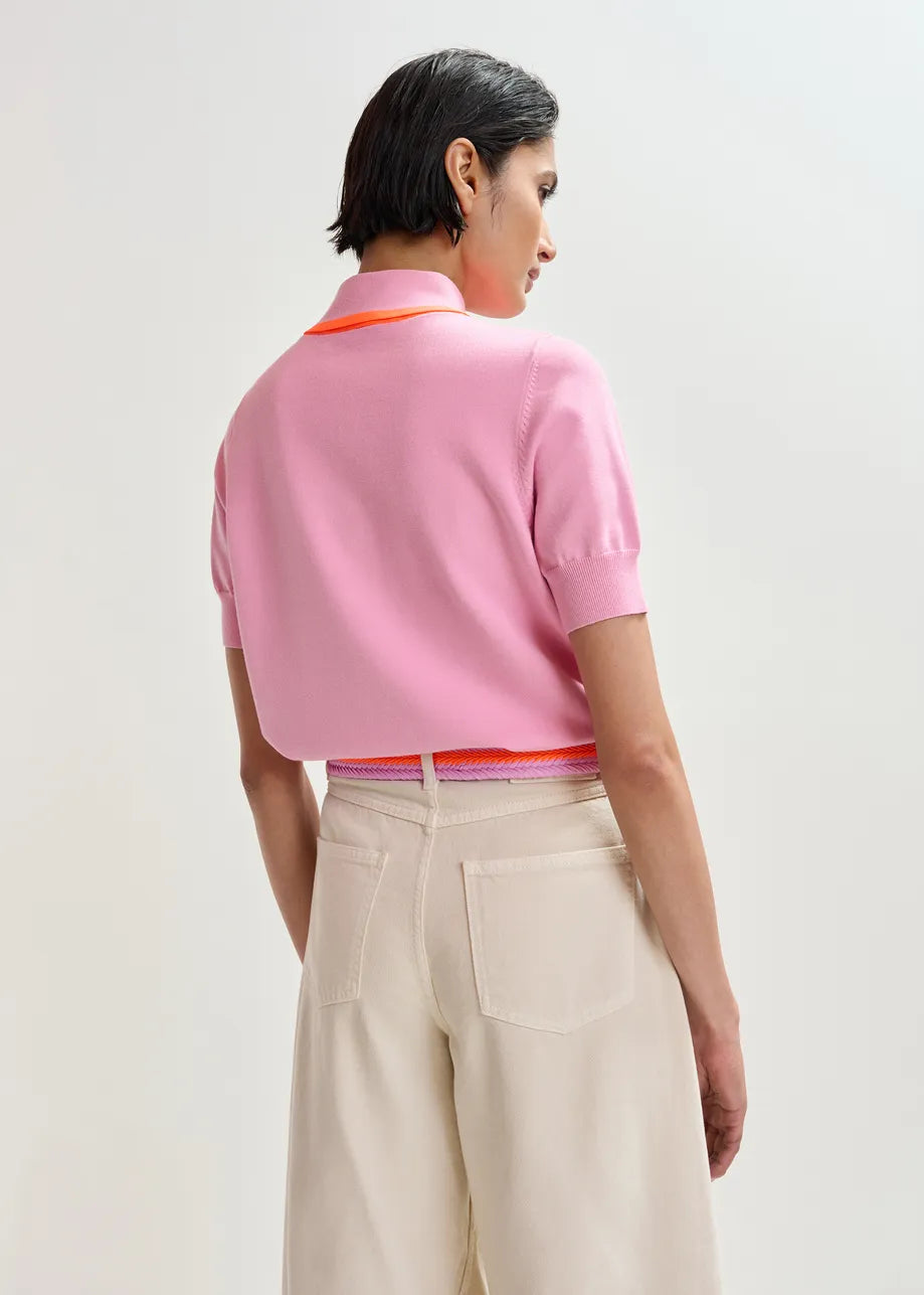  short sleeve pink knit with tie at the neck rear