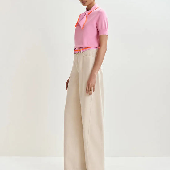 short sleeve pink knit with tie at the neck side