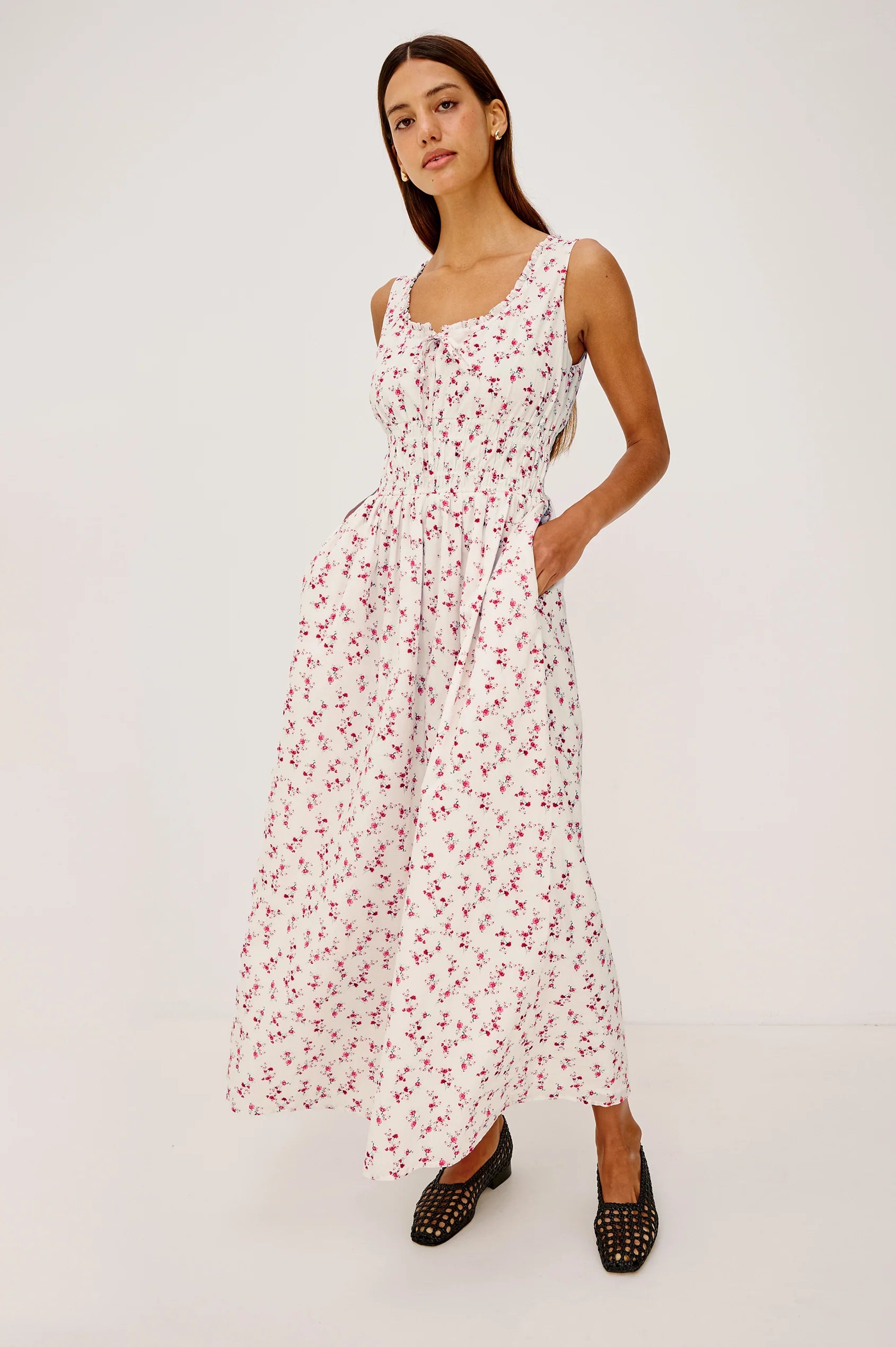 Woman wearing floral Rails dress another angle