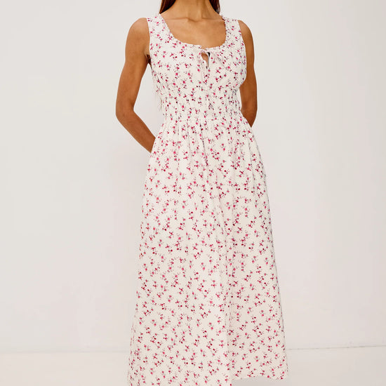 Woman wearing floral Rails dress
