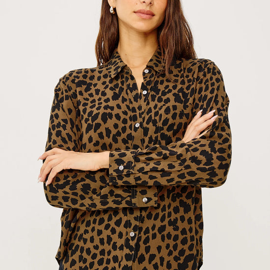 brown shirt with black spot print with long sleeves and chest pocket model shot