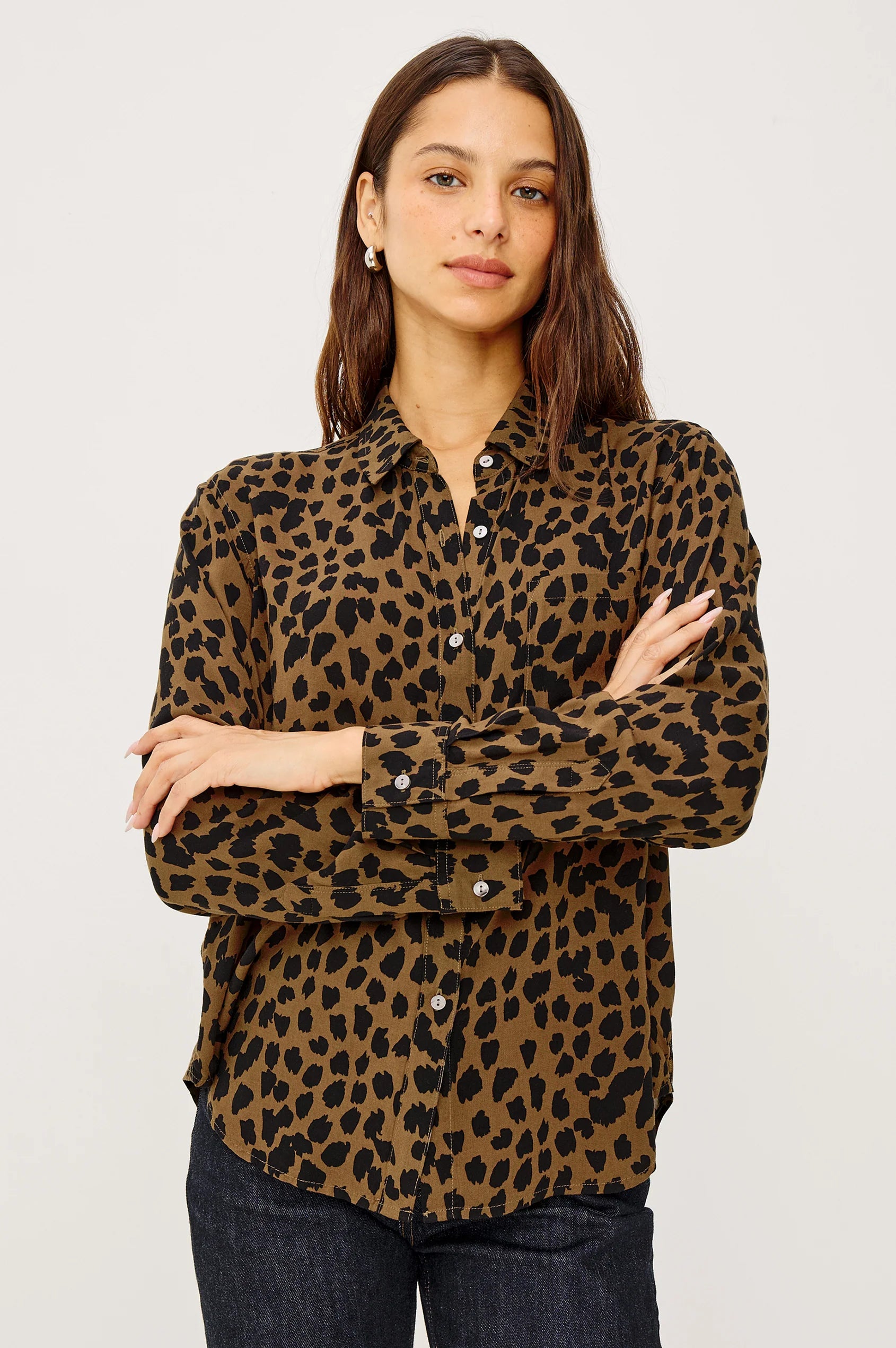 brown shirt with black spot print with long sleeves and chest pocket model shot