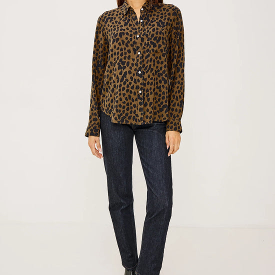 brown shirt with black spot print with long sleeves and chest pocket model shot