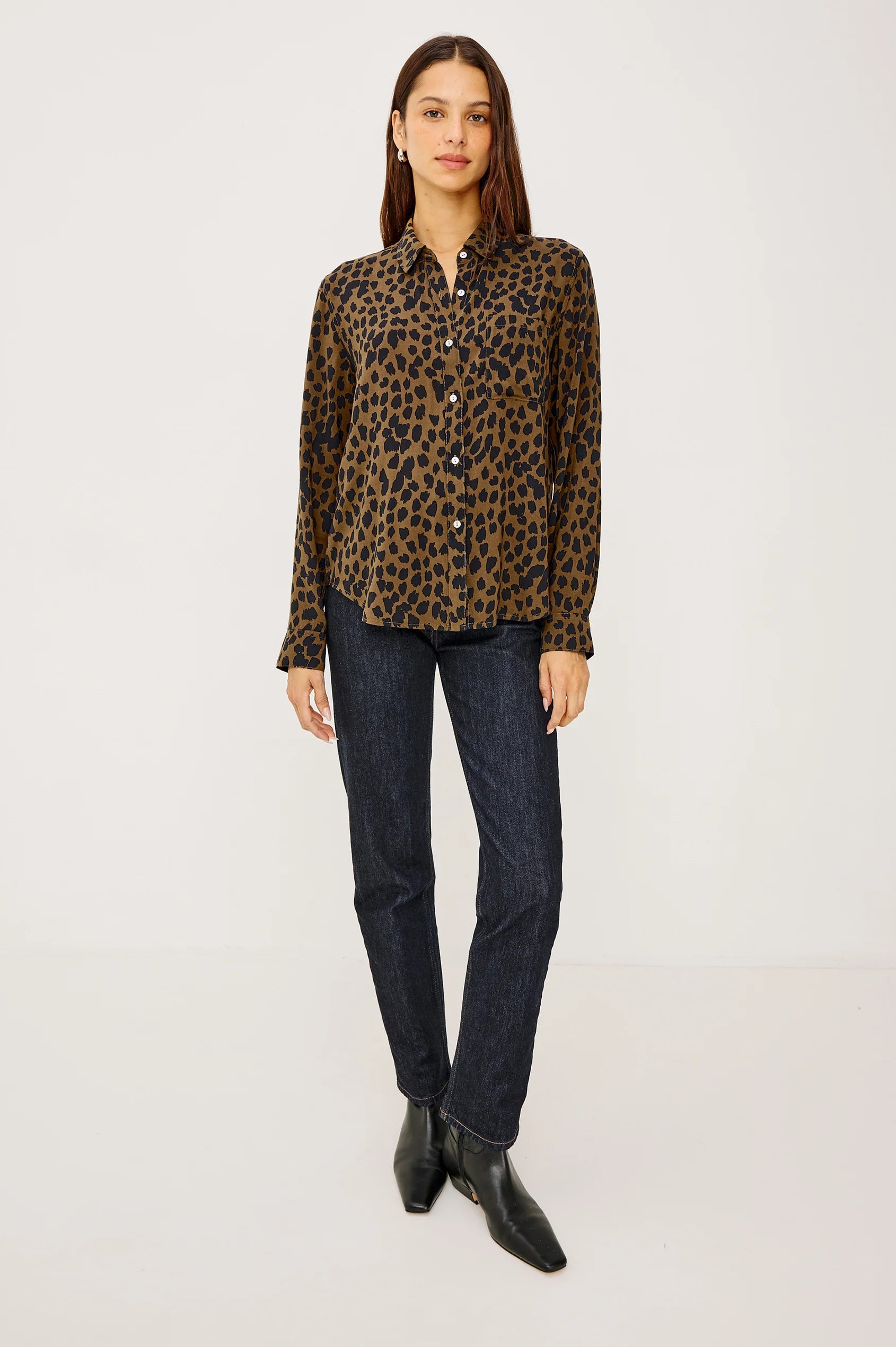 brown shirt with black spot print with long sleeves and chest pocket model shot
