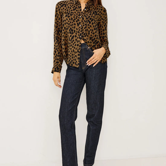 brown shirt with black spot print with long sleeves and chest pocket model shot