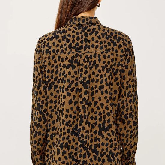 brown shirt with black spot print with long sleeves and chest pocket rear view