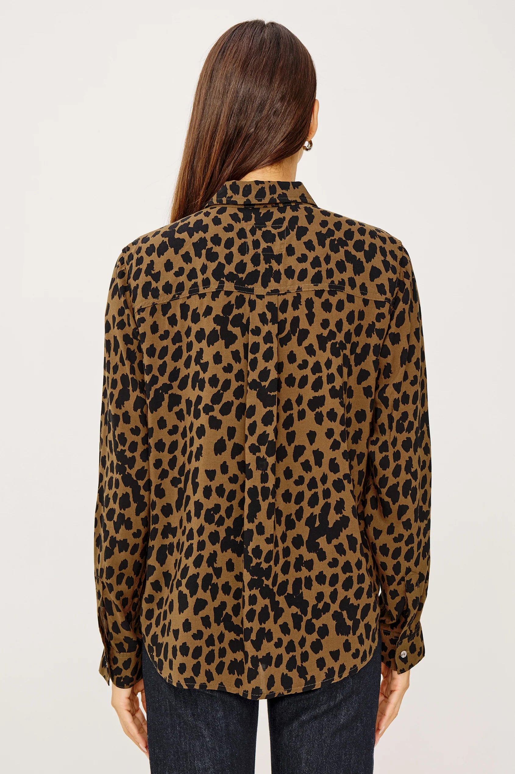 brown shirt with black spot print with long sleeves and chest pocket rear view