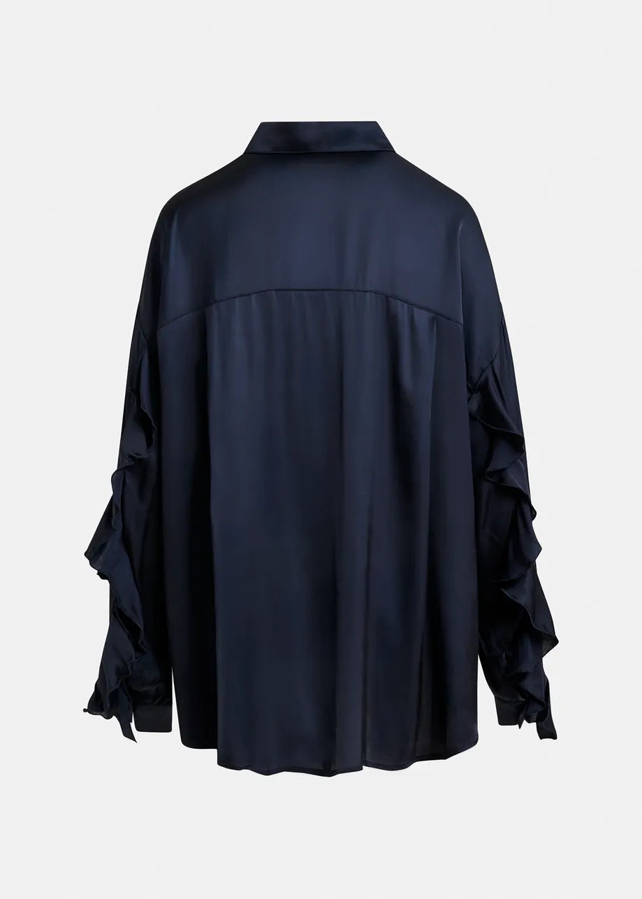 navy blue satin chest pocket shirt  rear