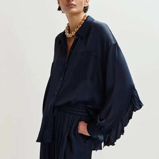 navy blue satin chest pocket shirt  model