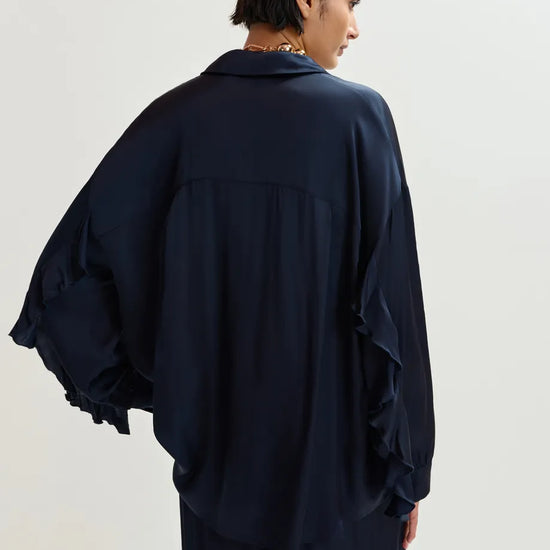 navy blue satin chest pocket shirt  rear model
