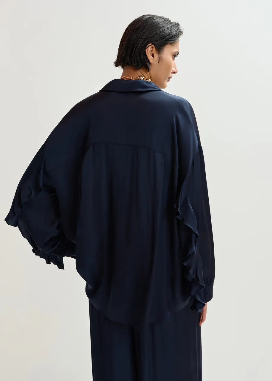 navy blue satin chest pocket shirt  rear model