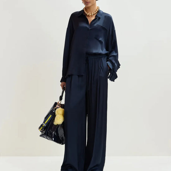 navy blue satin chest pocket shirt model