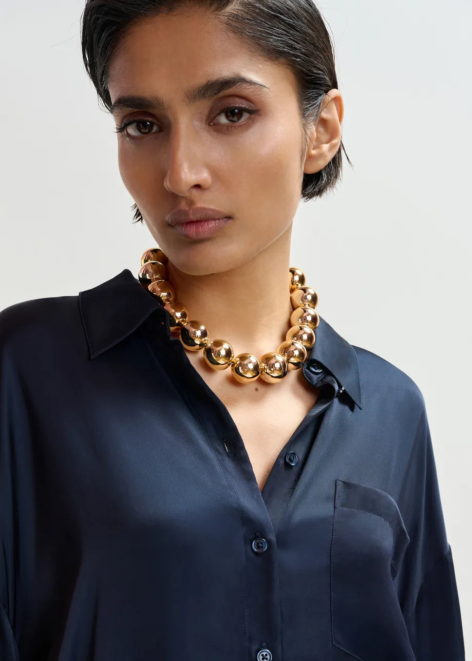 navy blue satin chest pocket shirt  close up