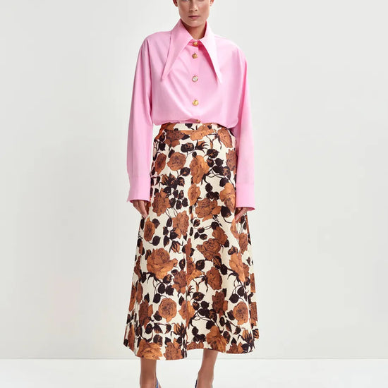 mid length a line brown floral print skirt model