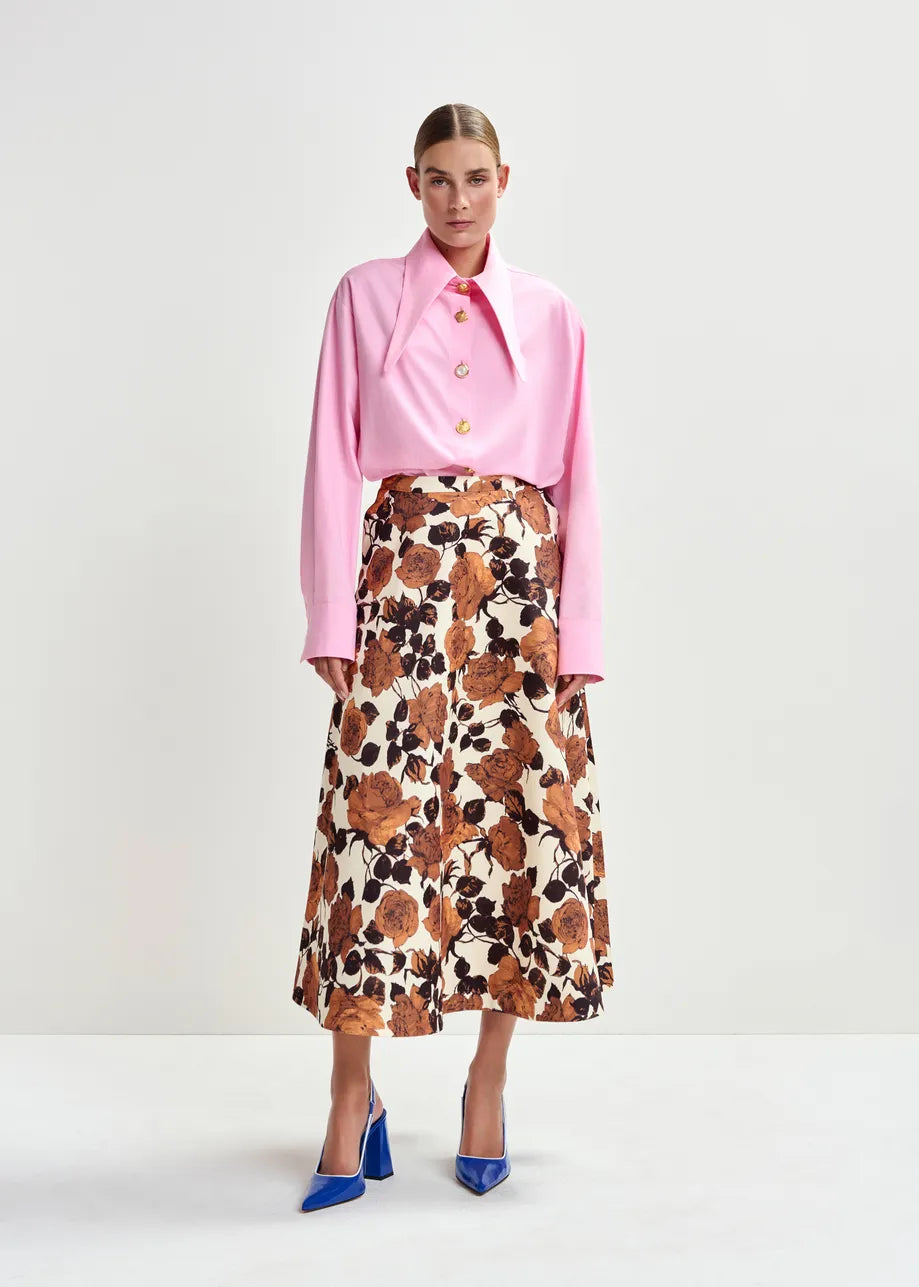 mid length a line brown floral print skirt model