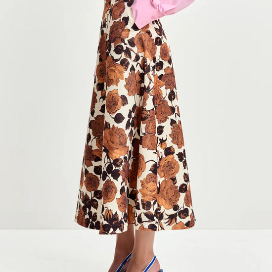 mid length a line brown floral print skirt side