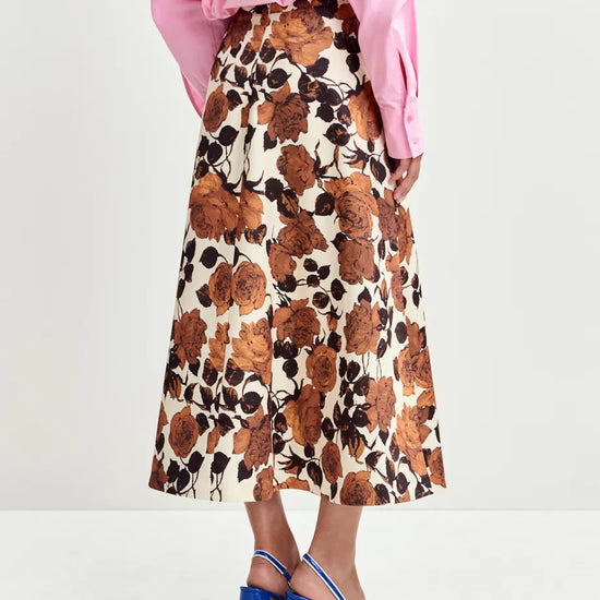 mid length a line brown floral print skirt rear 