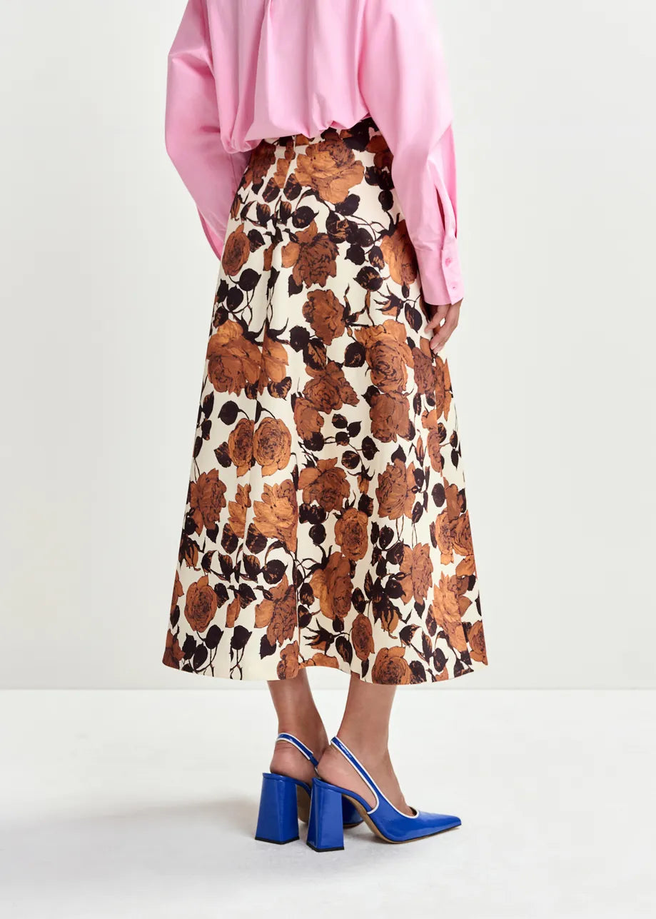 mid length a line brown floral print skirt rear 