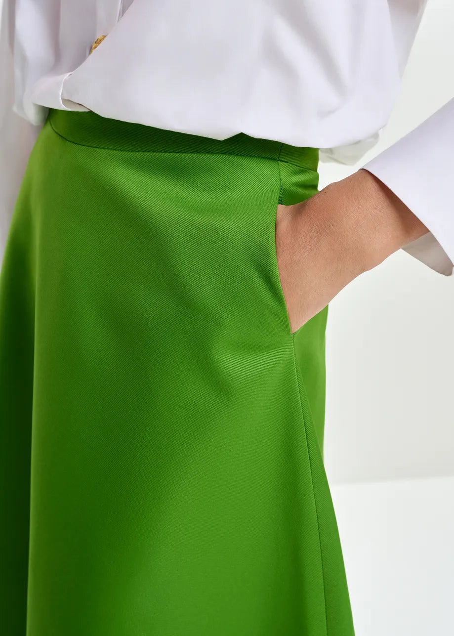 a line midi green skirt close up