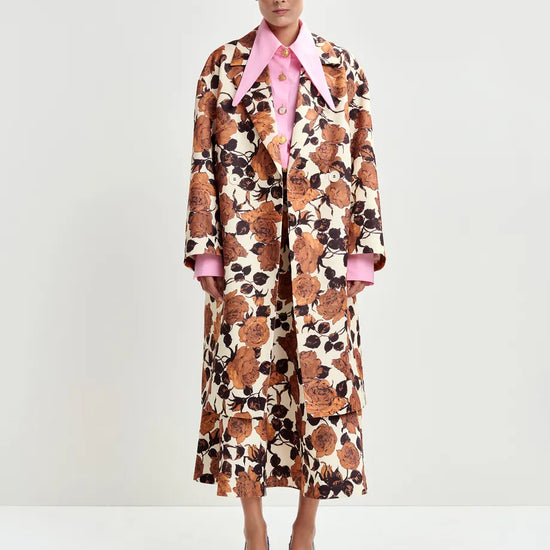 brown floral print double breasted mid length coat  model