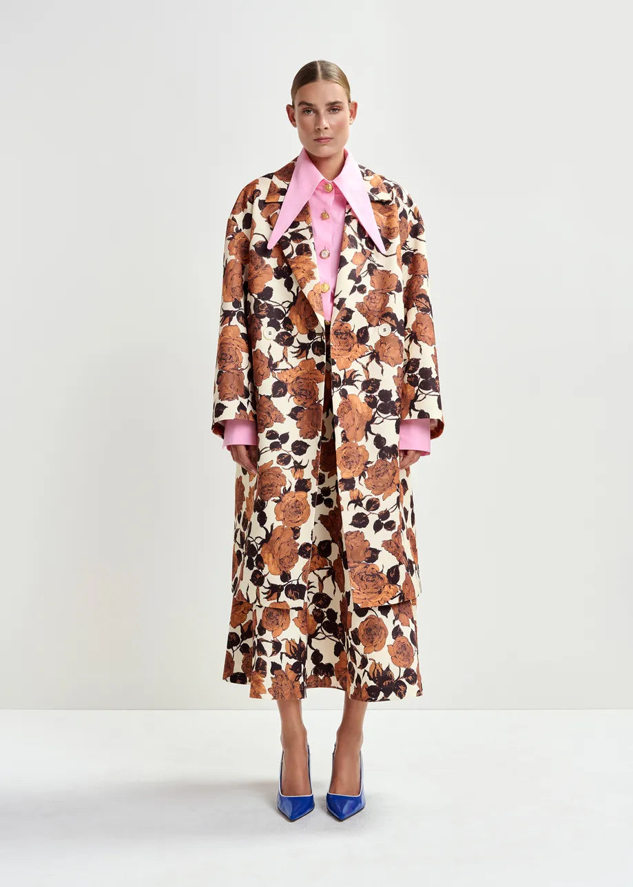 brown floral print double breasted mid length coat  model