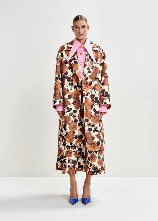 brown floral print double breasted mid length coat  model