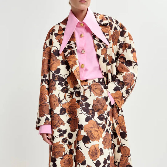 brown floral print double breasted mid length coat  model