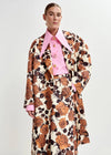 brown floral print double breasted mid length coat  model