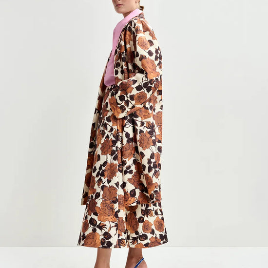 brown floral print double breasted mid length coat  side