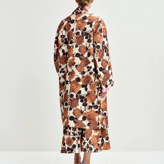 brown floral print double breasted mid length coat  rear