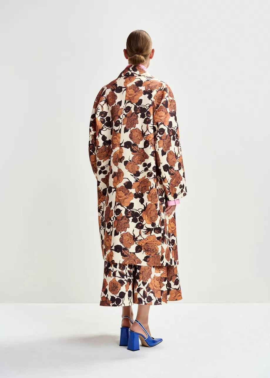 brown floral print double breasted mid length coat  rear
