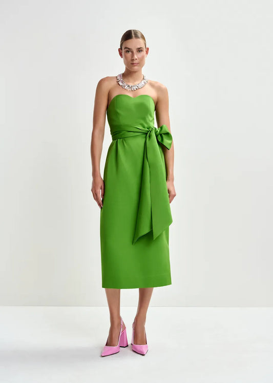 strapless green midi dress with large tie at the front model