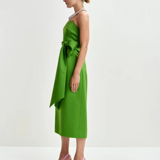 strapless green midi dress with large tie at the front side