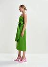 strapless green midi dress with large tie at the front side