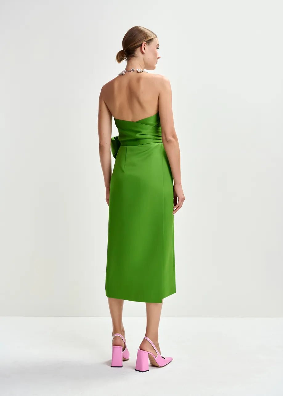 strapless green midi dress with large tie at the front rear
