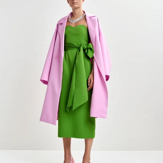 strapless green midi dress with large tie at the front model