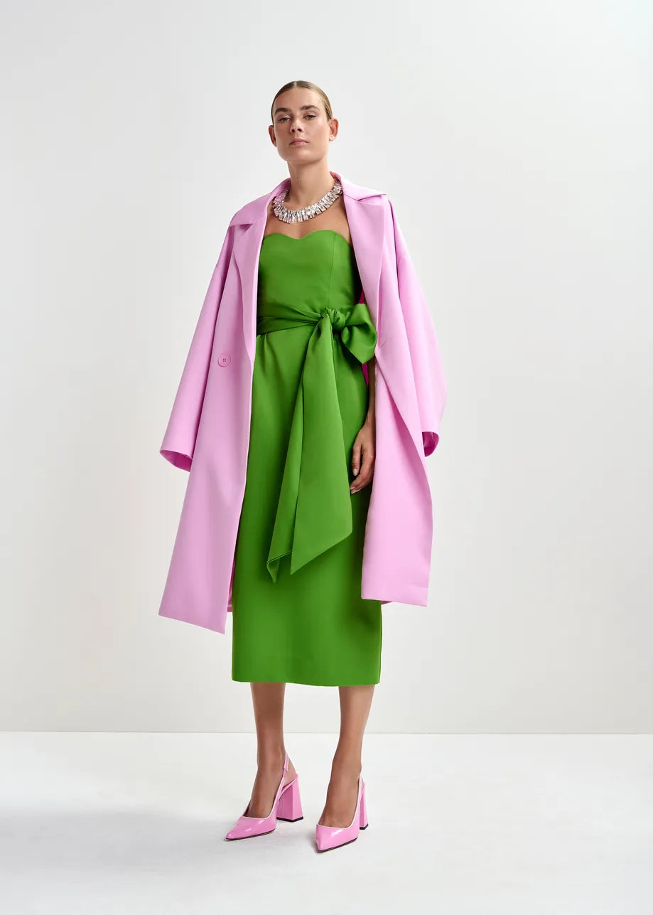 strapless green midi dress with large tie at the front model
