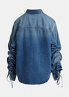 Blue denim shirt with long sleeves on a white background