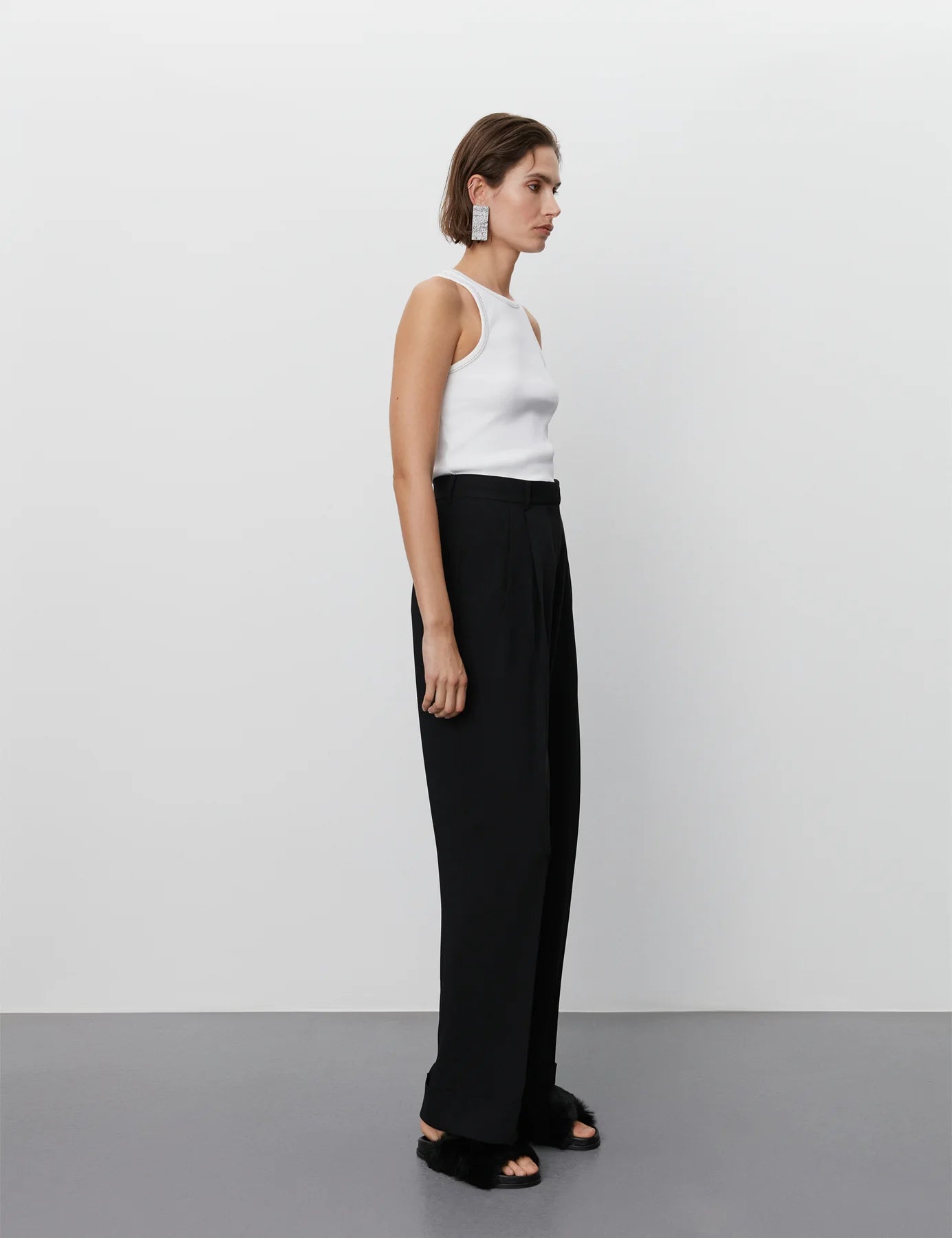 Black crepe straight leg tailored trousers