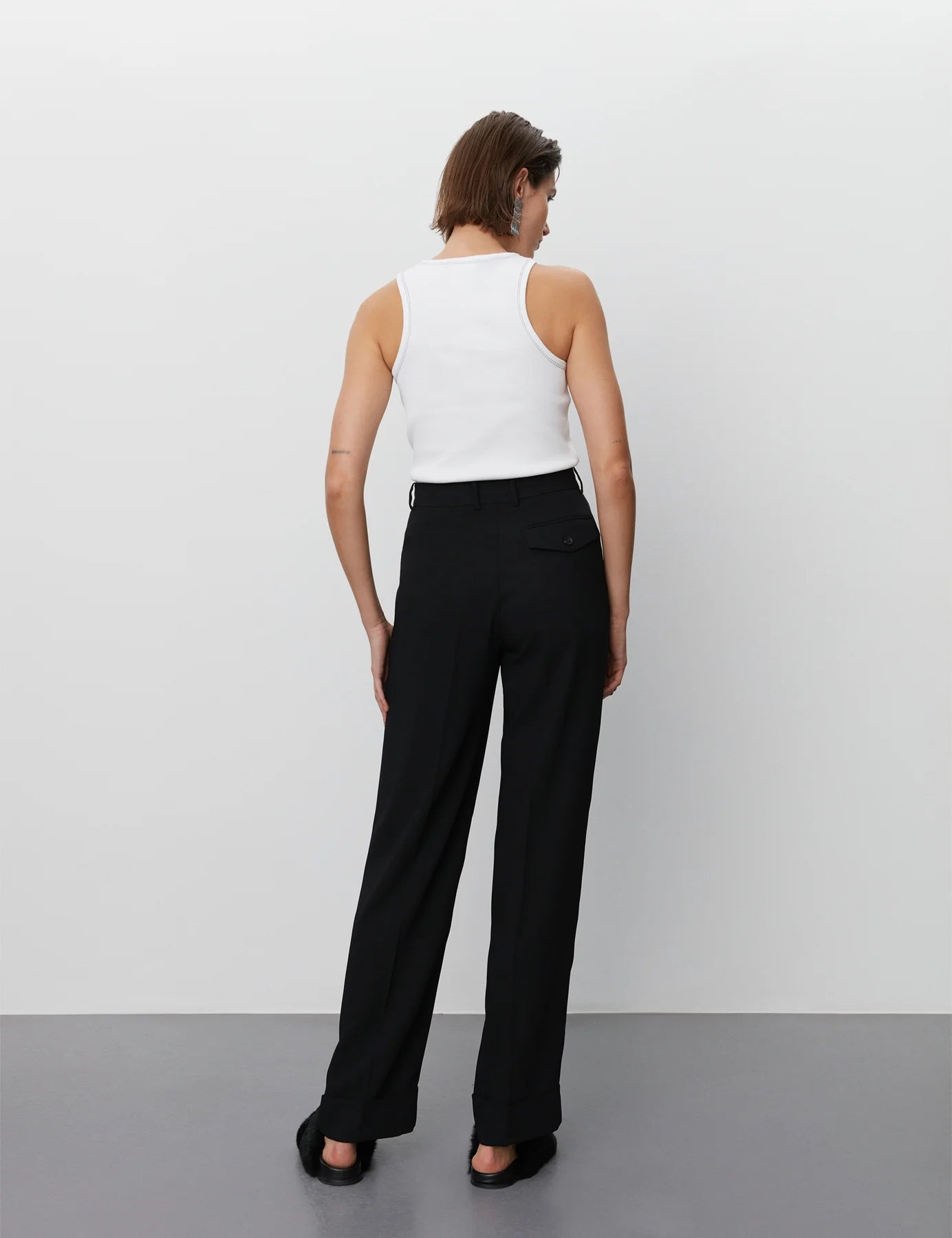 Black crepe straight leg tailored trousers