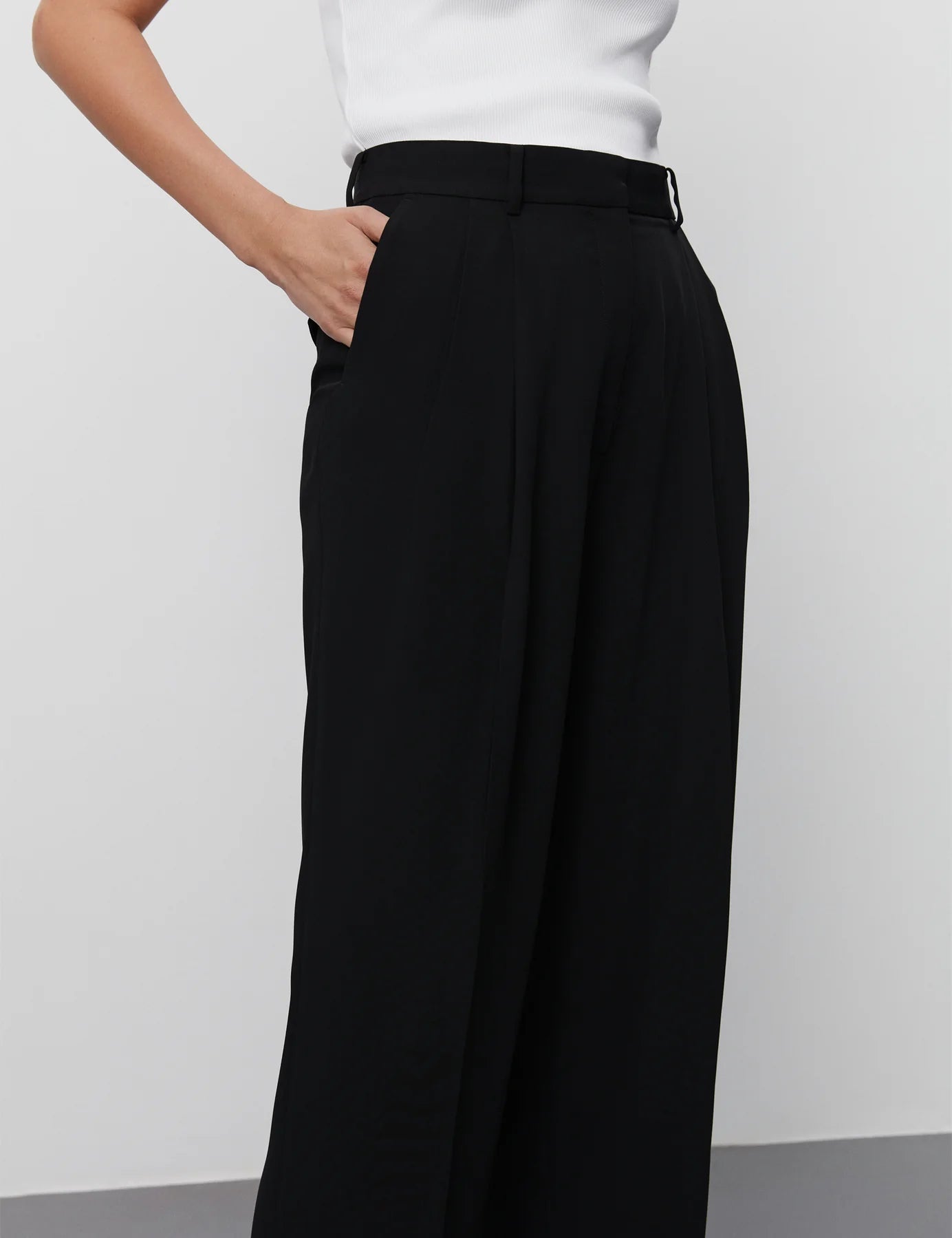 Black crepe straight leg tailored trousers