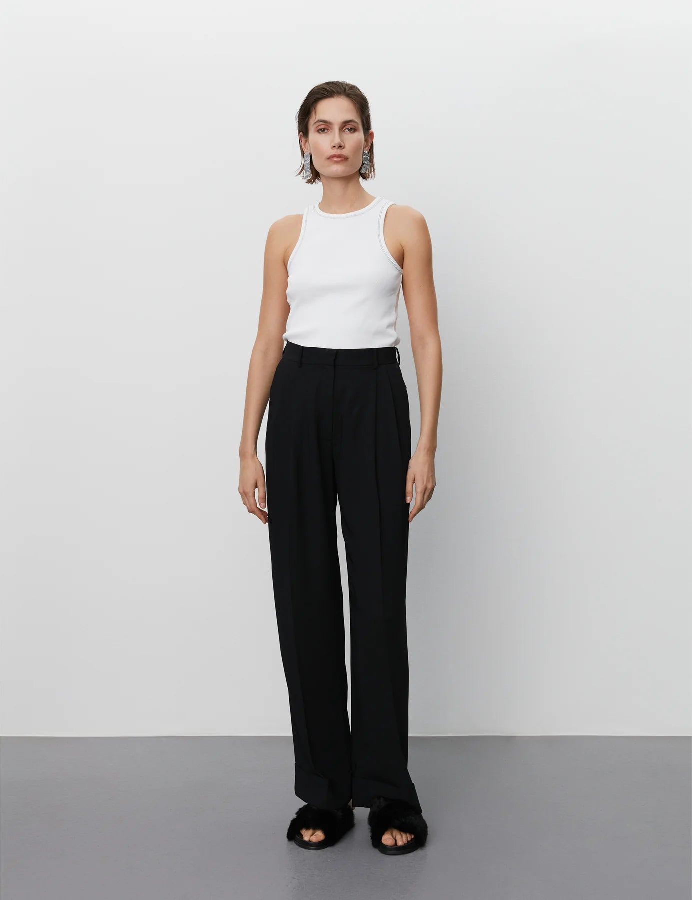 Black crepe straight leg tailored trousers