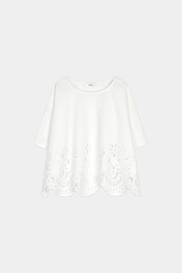 White long-sleeve top with lace details on a white background