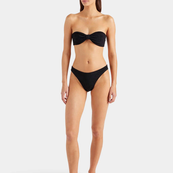 black crinkle strapless bikini from hunza g model shot