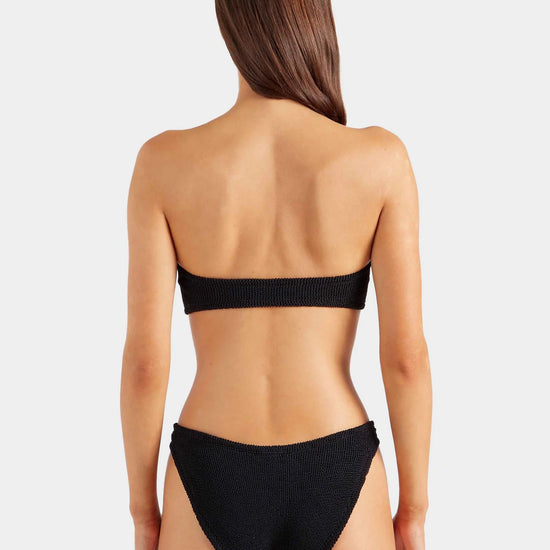 black crinkle strapless bikini from hunza g model shot rear view