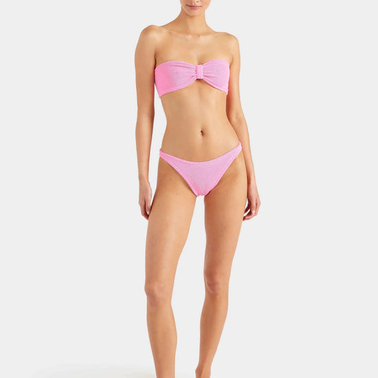 pink crinkle strapless bikini from hunza g model shot