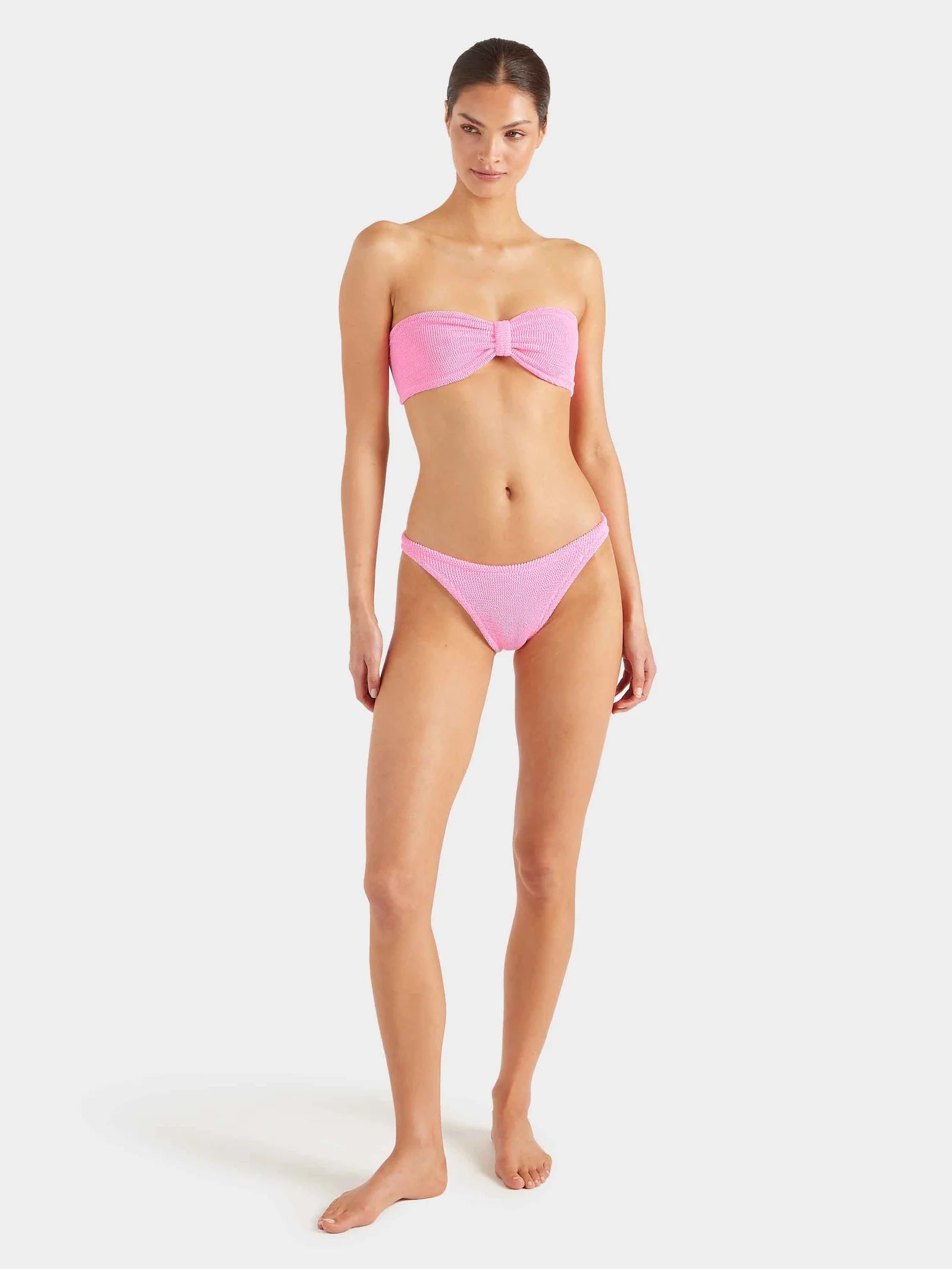pink crinkle strapless bikini from hunza g model shot