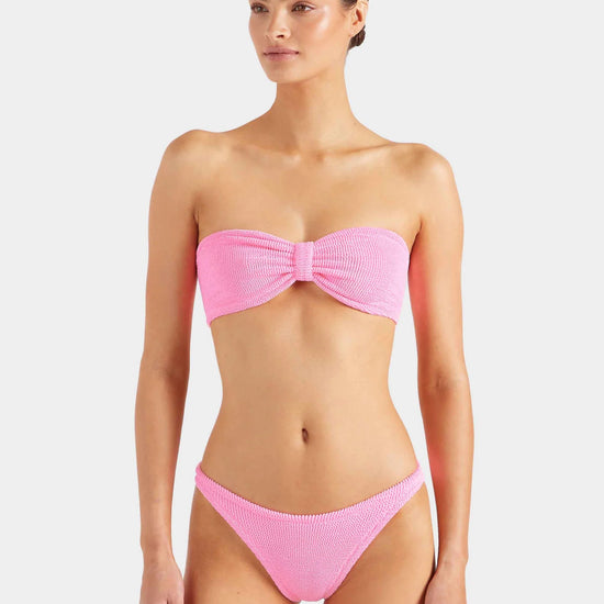 pink crinkle strapless bikini from hunza g model shot