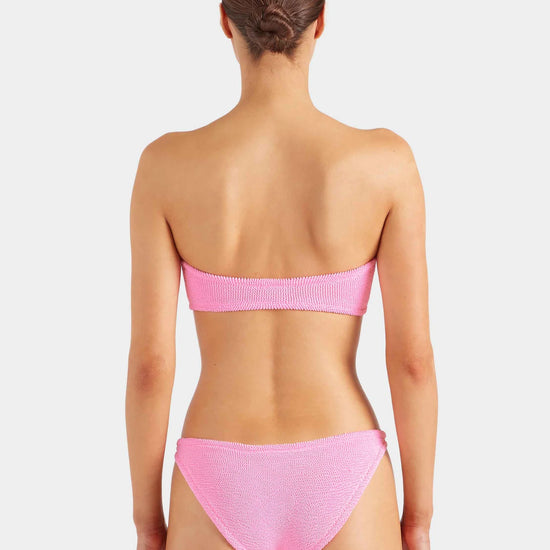 pink crinkle strapless bikini from hunza g rear view