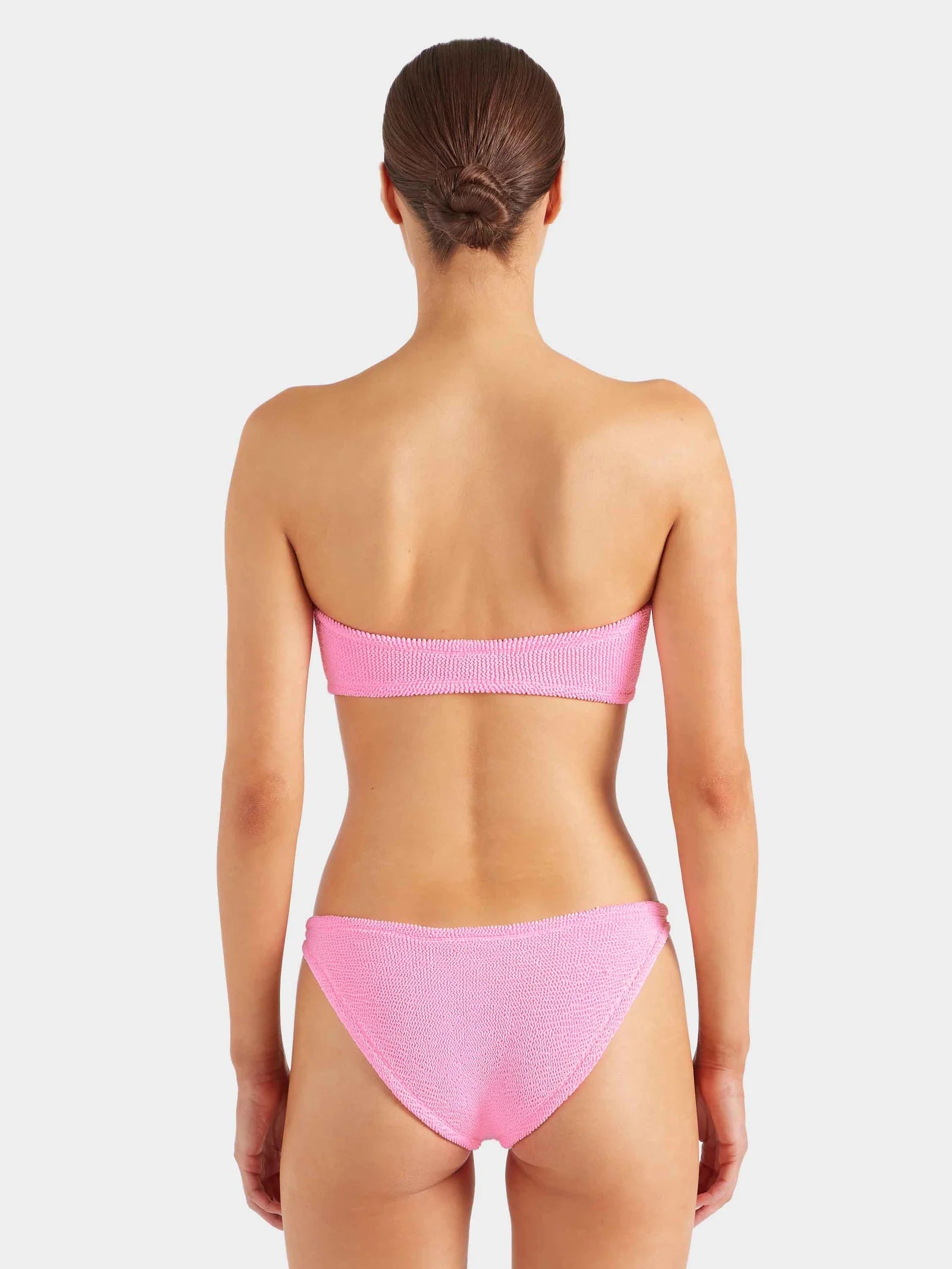 pink crinkle strapless bikini from hunza g rear view